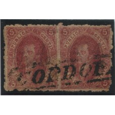 ARGENTINA 1865 GJ 25 RIVADAVIA PAREJA DE ESTAMPILLAS DE 4ta TIRADA DE IMPRESIÓN NITIDA Y PAPEL DELGADO CON MATASELLO CORDOBA